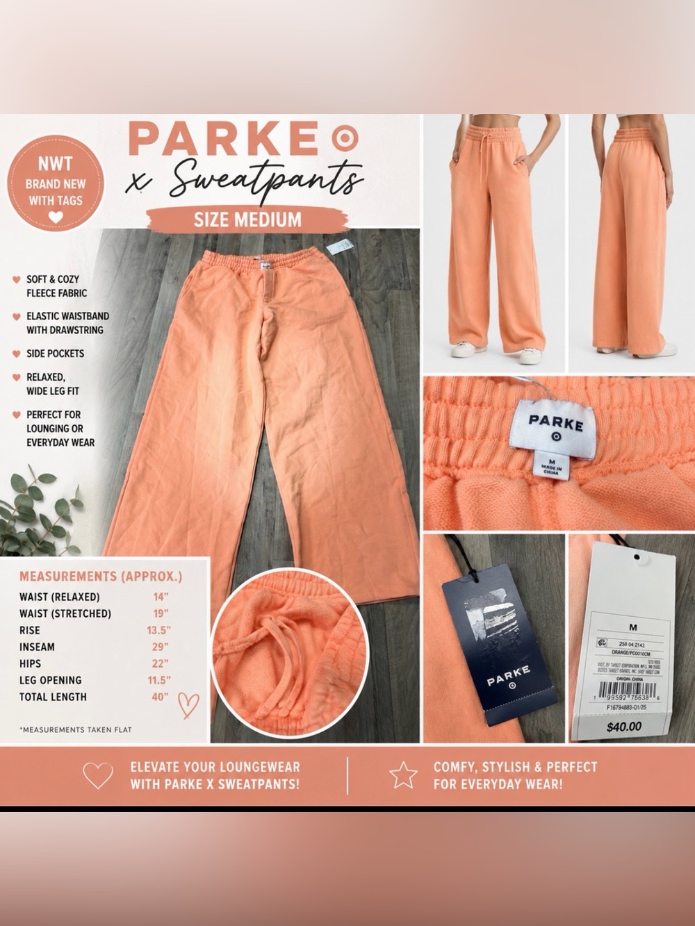 PARKE x Wide Leg Sweatpants NWT Peach Coral Size Medium